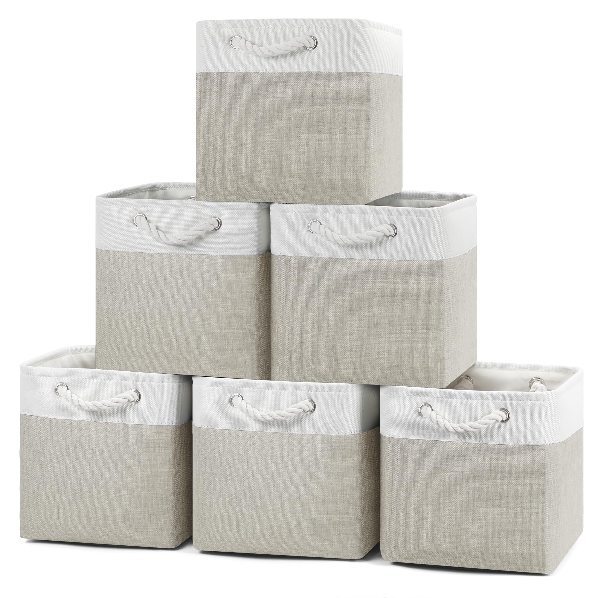 Posprica 11×11 Storage Cubes, Collapsible Storage Bins Organizer for Closet, Fabric Storage Box with Cotton Rope Handles, Decorative Storage Baskets for Shelves, Nursery, Toy, set of 6 - White/Coffee