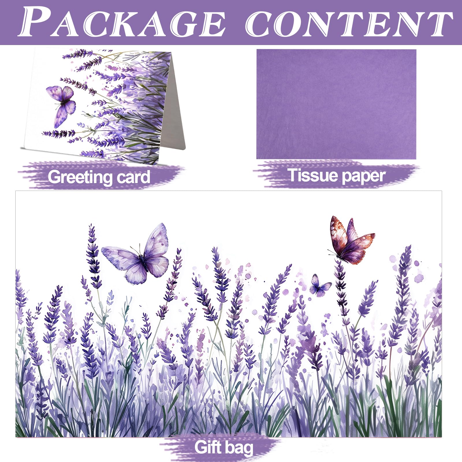 JOCOPUERTO Lavender Birthday Gift Bag - 13" Large Purple Butterfly Gift Bag with Tissue Paper and Card for Women Purple Themed Birthday Party Supplies