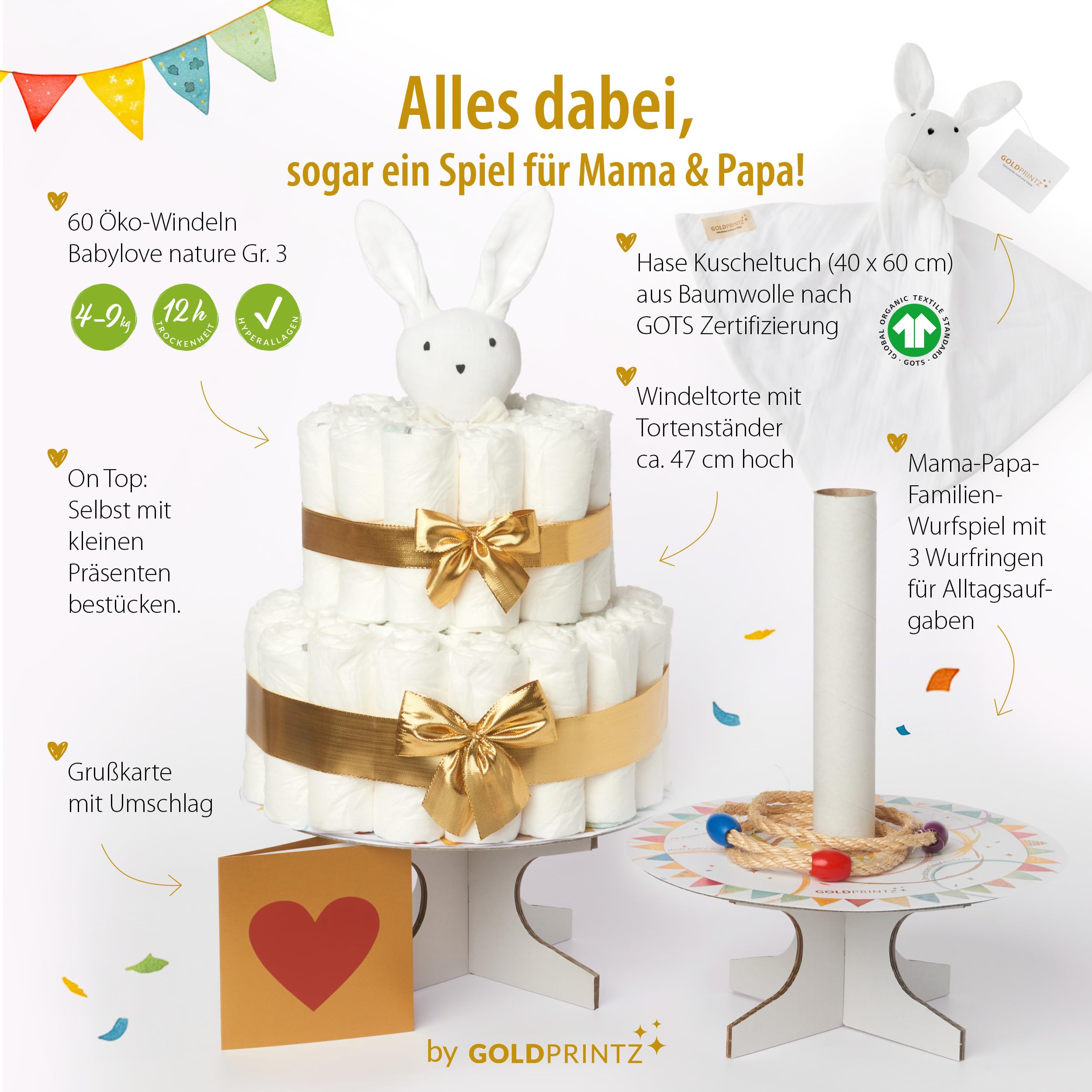 Windeltorte Mädchen und Windeltorte Junge - Einzigartige Baby Windeltorten mit kreativem Wurfspiel am Tortenboden als Geschenk zur Geburt für Baby UND Eltern ausgefallene Geschenke Geburt