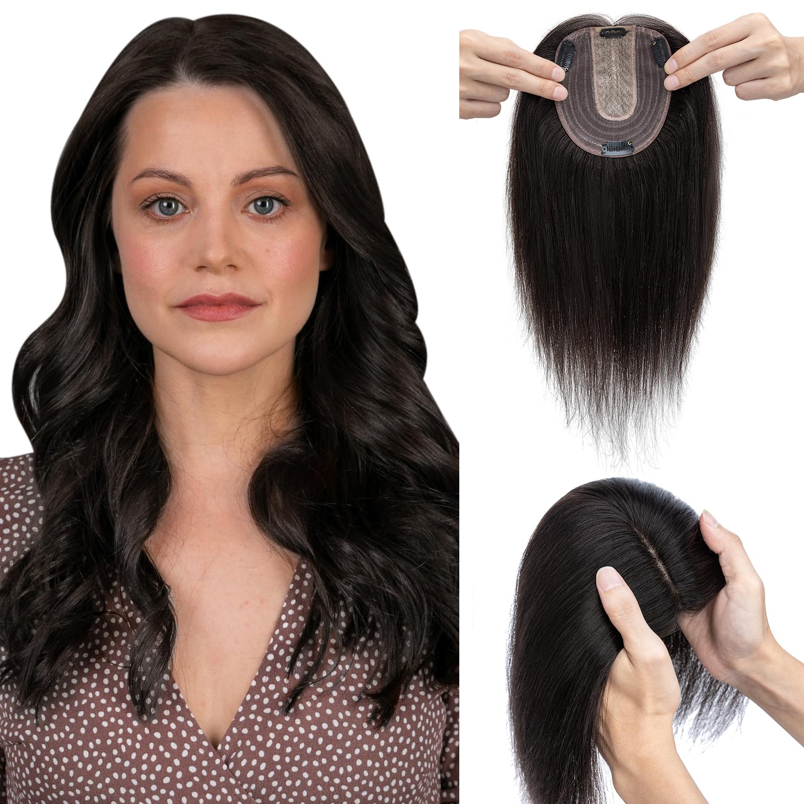 Elailite Human Hair Toppers For Women uk Thinning Hair Real Hair - Clip in Toupee Extensions MIDDLE SILK BASE (2.5 * 9cm) Crown HairPiece (#1B Natural Black, 12 Inch)