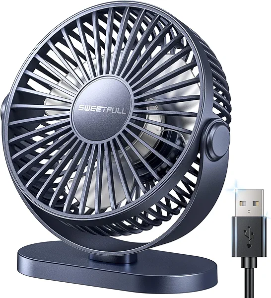 SWEETFULL USB Desk Fan Small Quiet - 3 Speeds Mini Personal Portable Fan 360° Rotation Adjustable, 5.5 Inch Office Table Cooling Gadgets on Desktop (Blue)