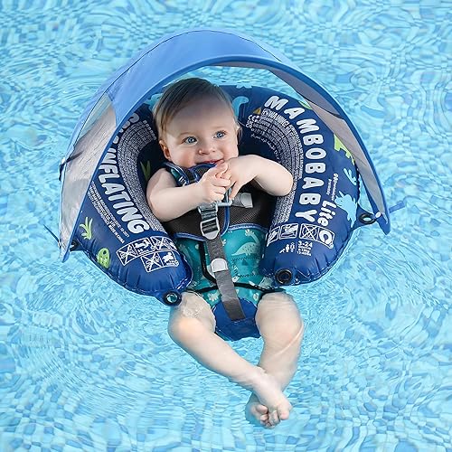 Miniatura 8 de Mambobaby Float - Flotador de piscina para bebé autoinflable con toldo comprimible para piscina, flotador de natación suave y sólido con toldo de