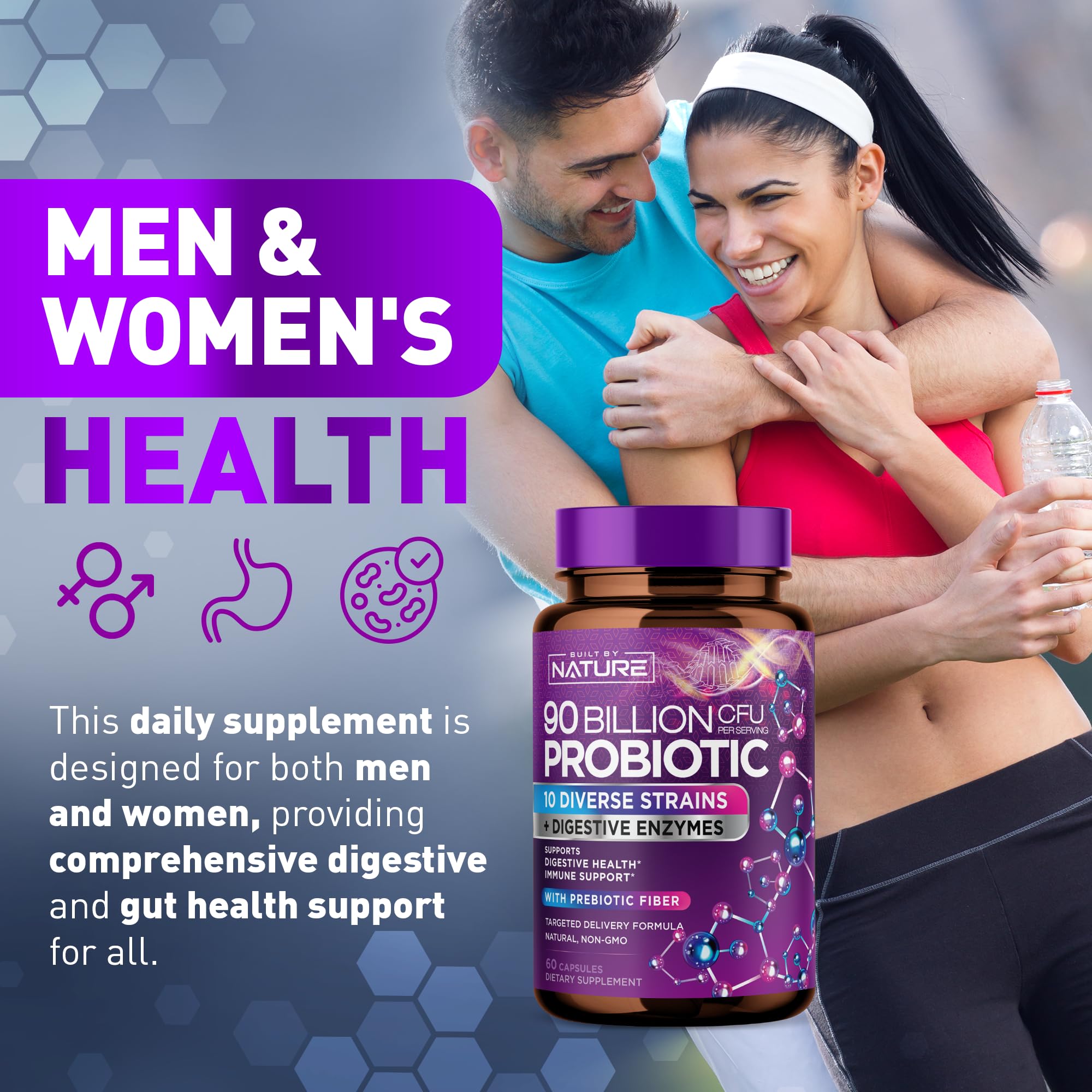 90 Billion CFU Probiotic - Daily Digestive Gut Health Supplement for Men & Women - Lactobacillus acidophilus, Bifidobacterium & Prebiotics - Non-GMO, Gluten & Dairy Free, Shelf-Stable - 60 Capsules