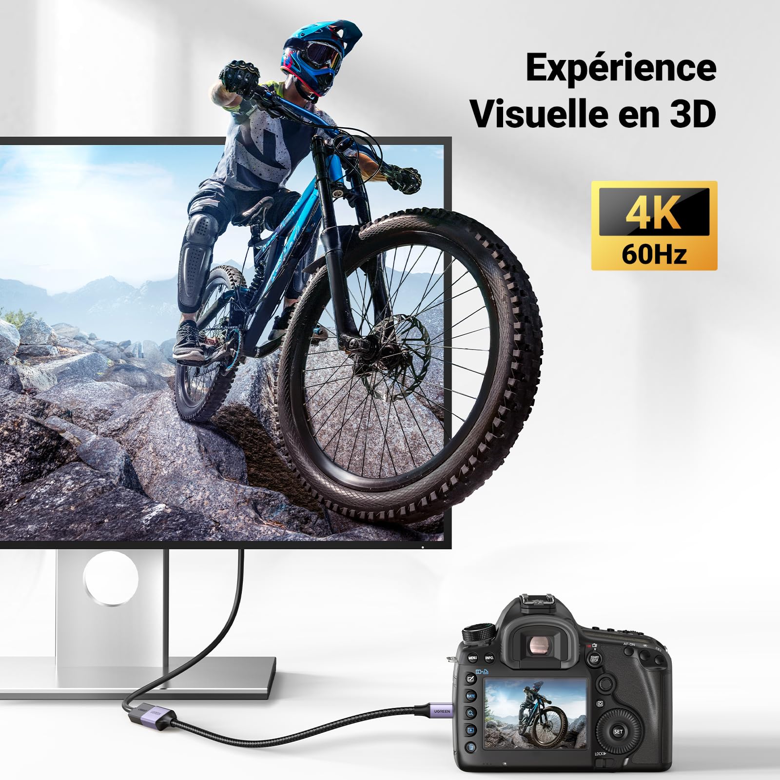 UGREEN Micro HDMI vers HDMI 4K 60Hz Adaptateur Mâle vers Femelle Nylon Tressé Supporte 3D Ethernet Arc Bidirectionnel Compatible avec Laptop Raspberry Pi 4 Hero 7 ASUS Zenbook Yoga Caméra 25CM (Gris)