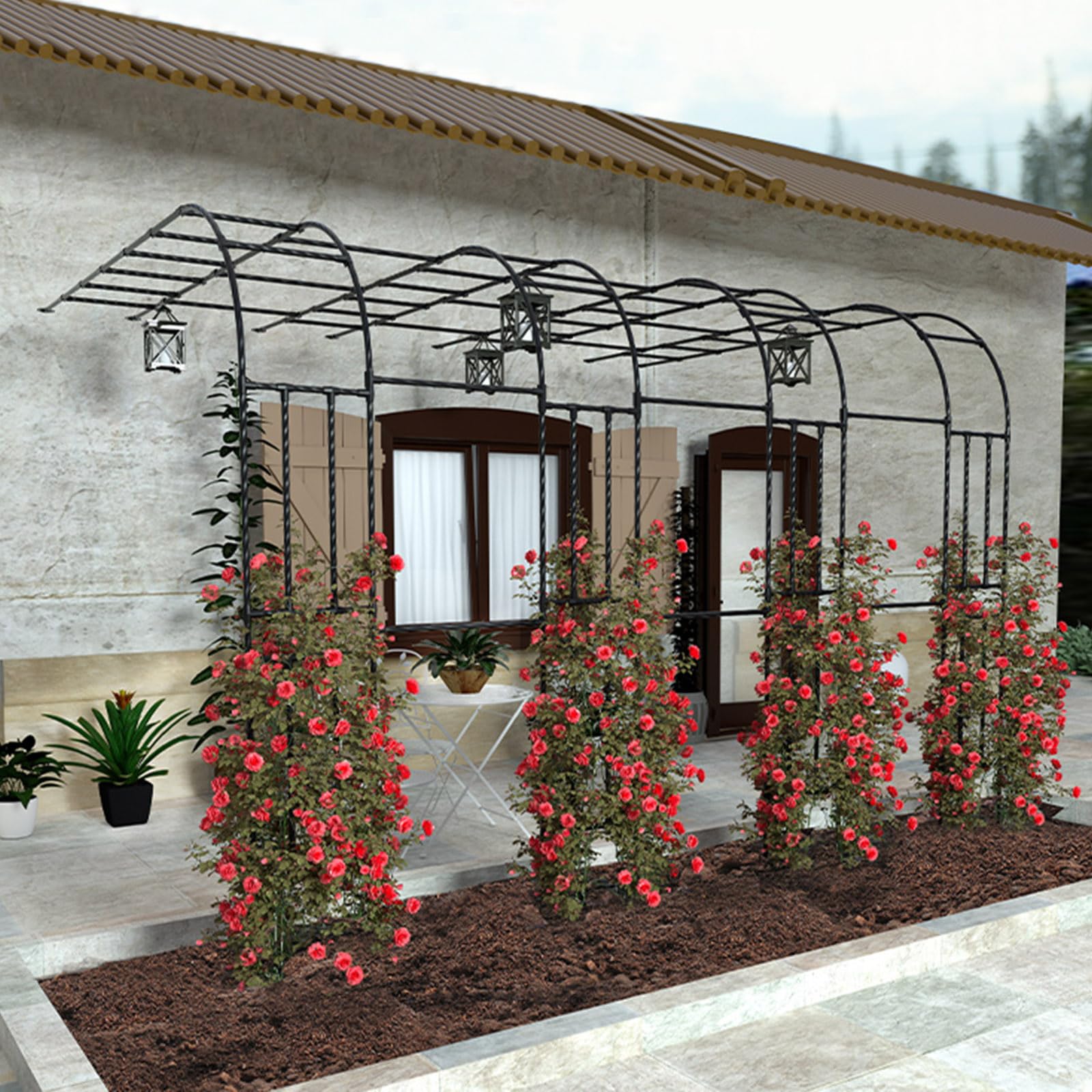 Metal Garden Arch With Half Side Trellis For Climbing Plants 60 300cm Width X 240cm Height Decorative Arbor For Outdoor Use
