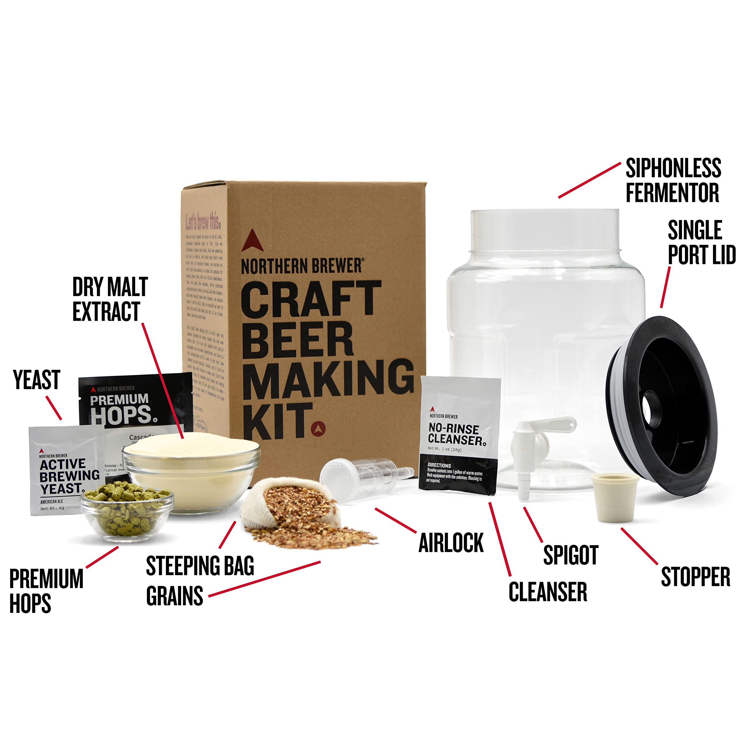Northern Brewer - Kit de démarrage pour fabrication de bière artisanale sans siphon de 3,8 l (blé)