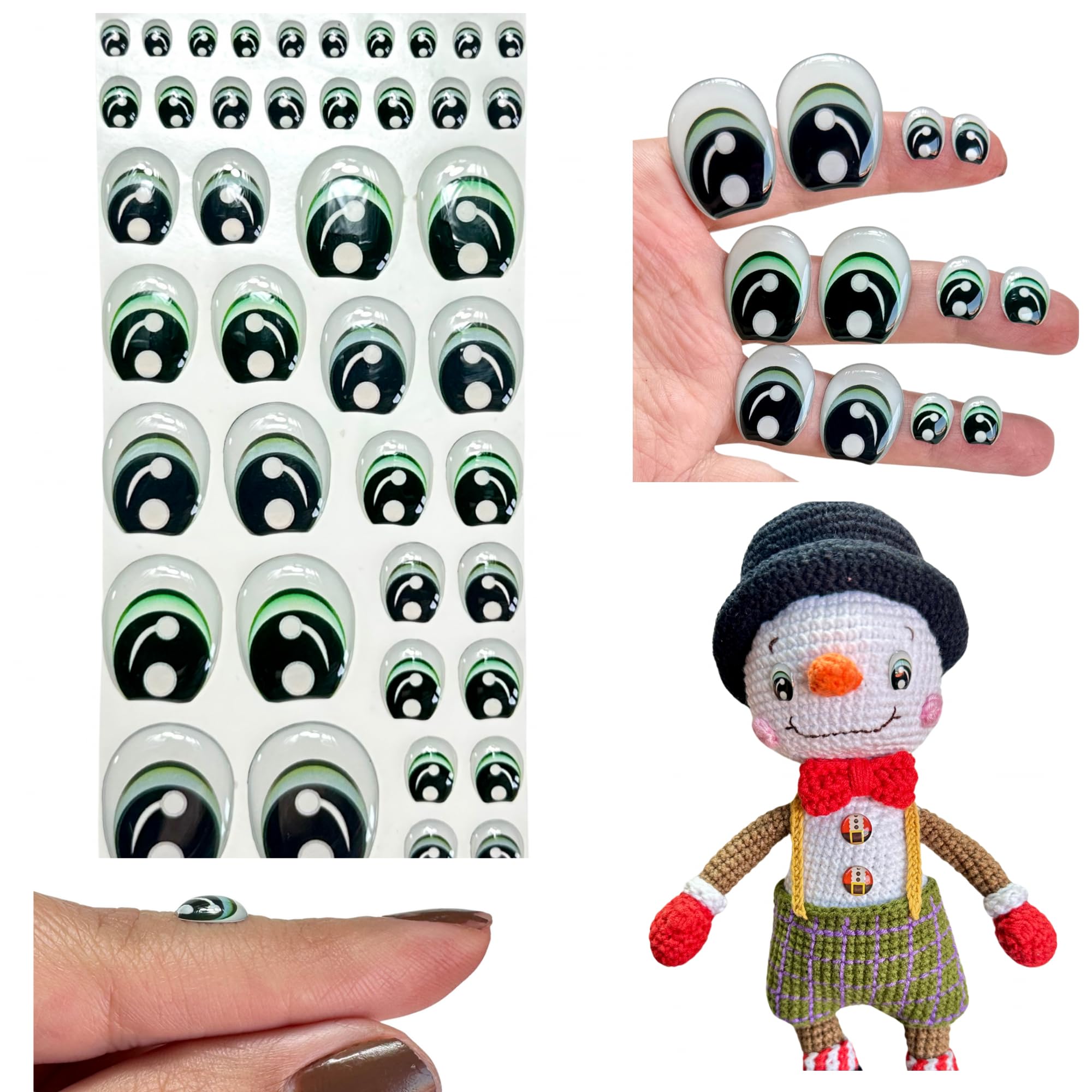 285-M 21 Pairs in Green, Adhesive or Self-Adhesive 3D Resin Eyes (Various Sizes in The Same Blister), for use with Clay, Cold Porcelain, Sculpture, Polymer Clay, EVA, Felt, Fabric, Plaster, Paper