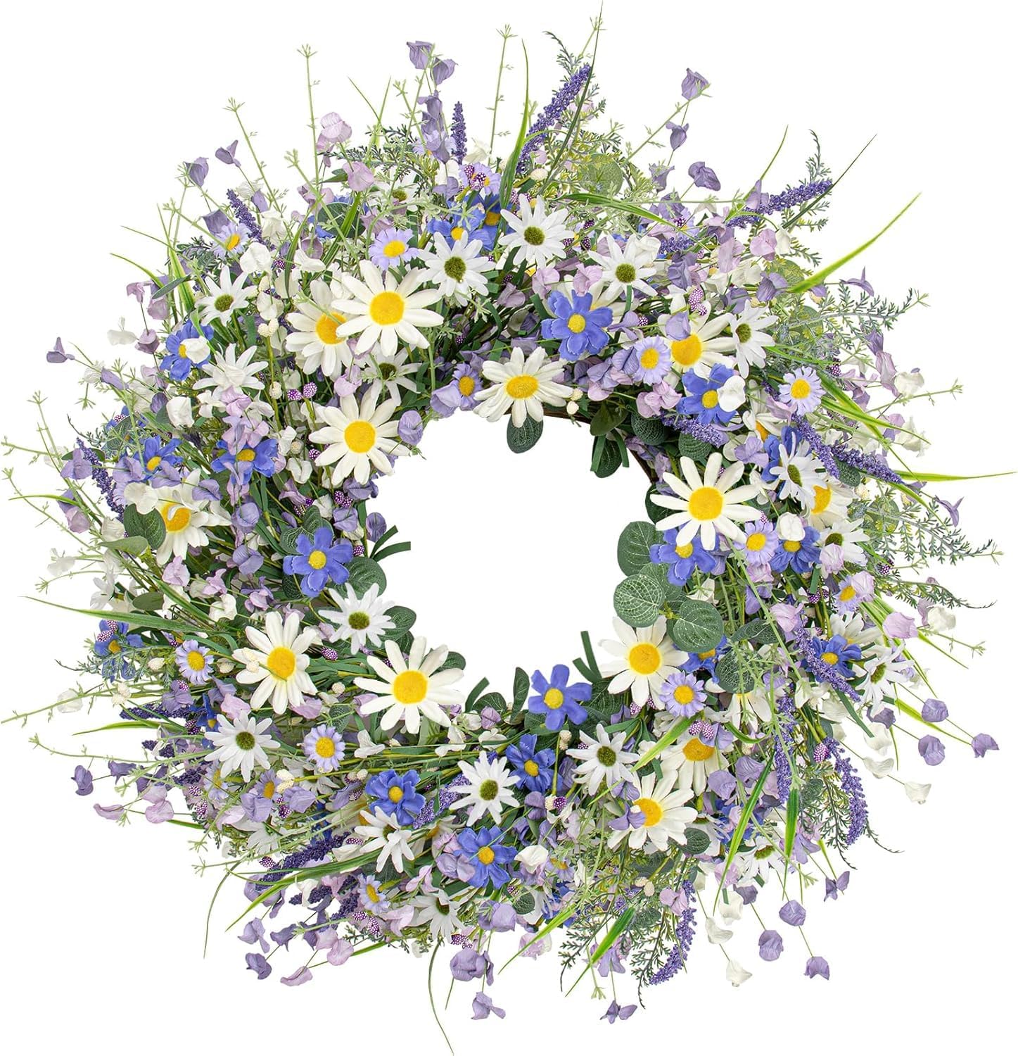 24 Inches Spring Wreaths for Front Door Blue Spring Door Wreath Summer Floral Wreath with Wildflower White Sunflower for Porch Indoors Outdoor Window Home Decorations