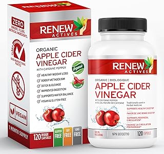MAXIMUM STRENGTH - 120 Vegan Capsules - Renew Actives Organic Apple Cider Vinegar: 500mg ACV Supplements with 10mg Cayenne Pepper (RARE) - Unfiltered, Unpasteurized Apple Cider Vinegar & Cayenne Pills for Digestion Support - Free from Gluten & GMOs, Made in Canada. Easy to Swallow Capsules!