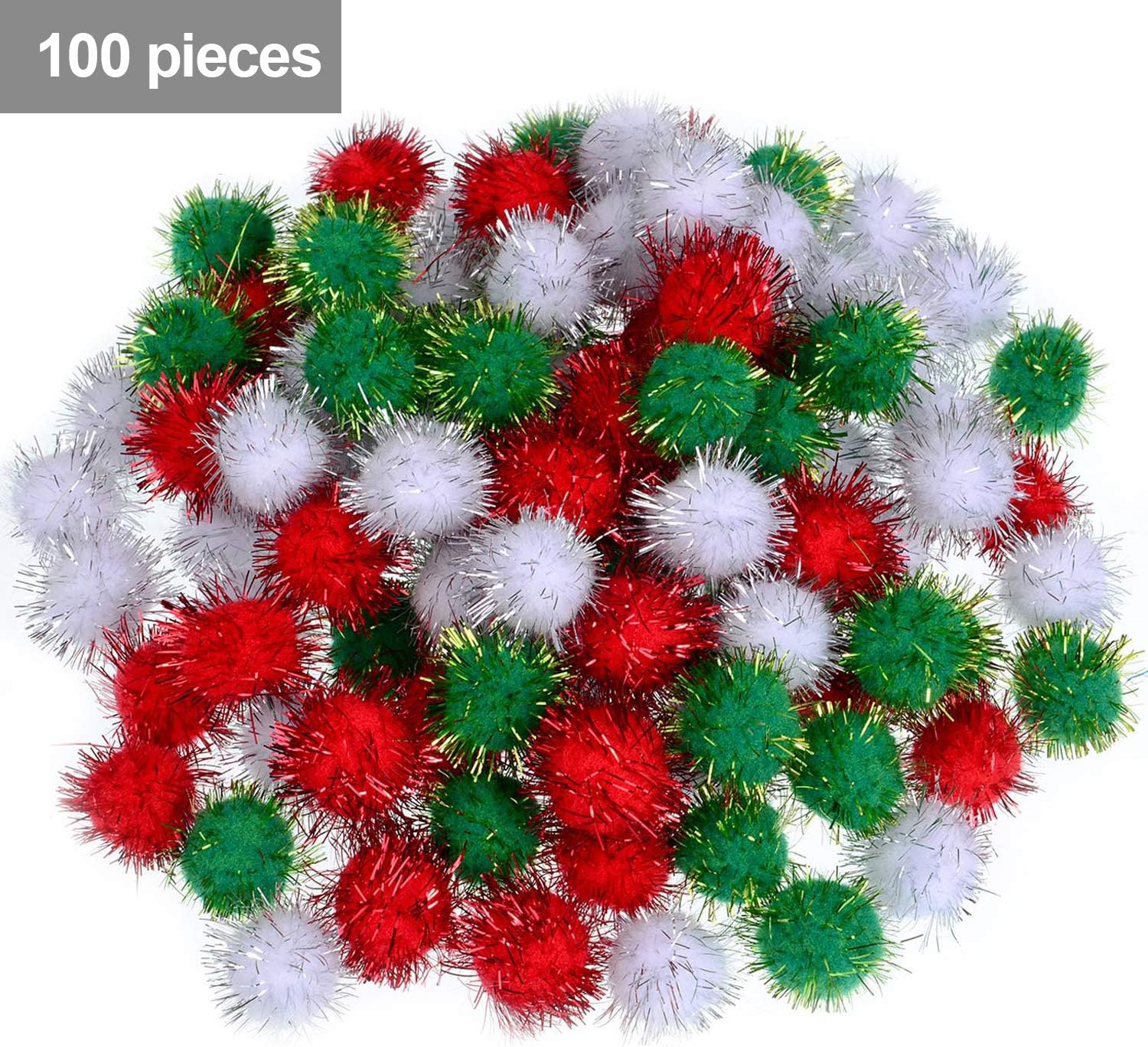 Shappy 100 Pieces Christmas Pom Poms Glitter Small Mini for Arts Crafts DIY Green White and Red Balls for Hobby Supplies Holiday Decorations (20 mm)