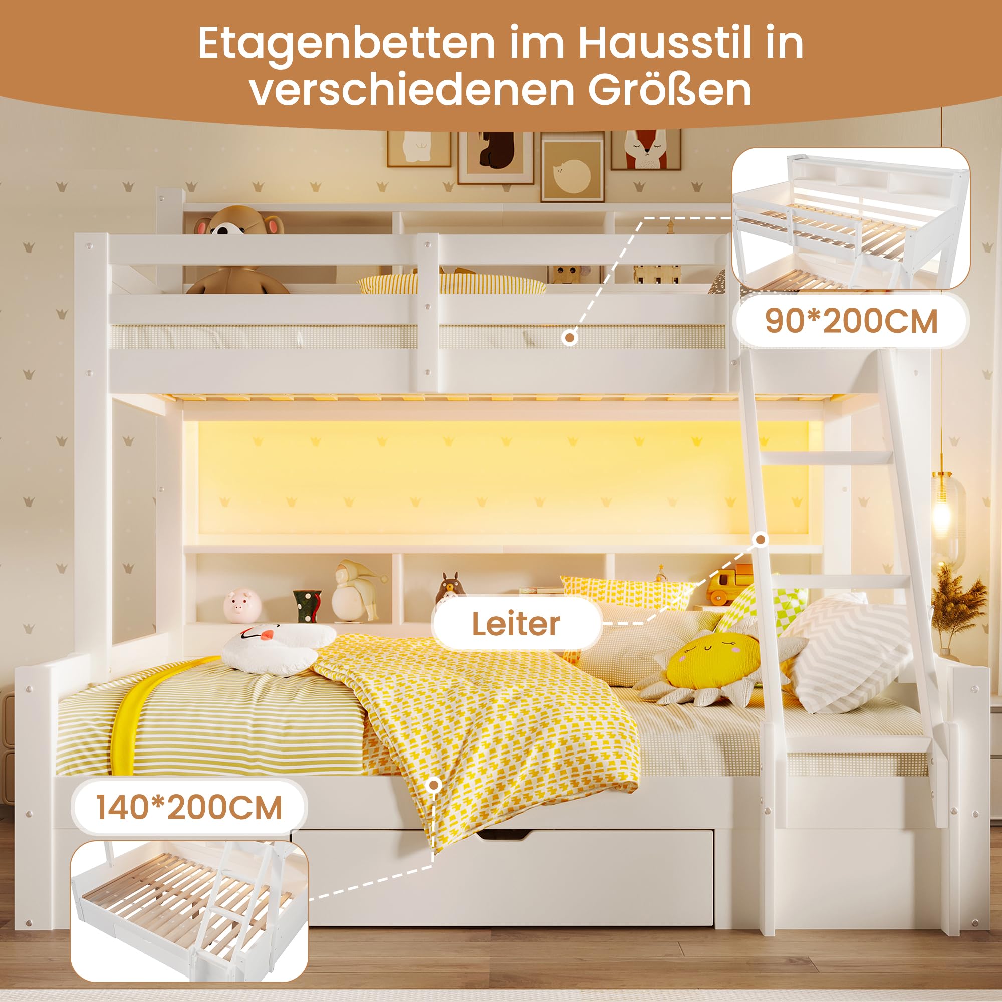 Litera de 90(140) x200 cm con Luz LED y Compartimentos Abiertos, Cama Litera Matrimonio con Cajón y Escalera, Cama Infantil Literas Infantiles con Barandilla Anticaída, Sin Colchón, Blanco