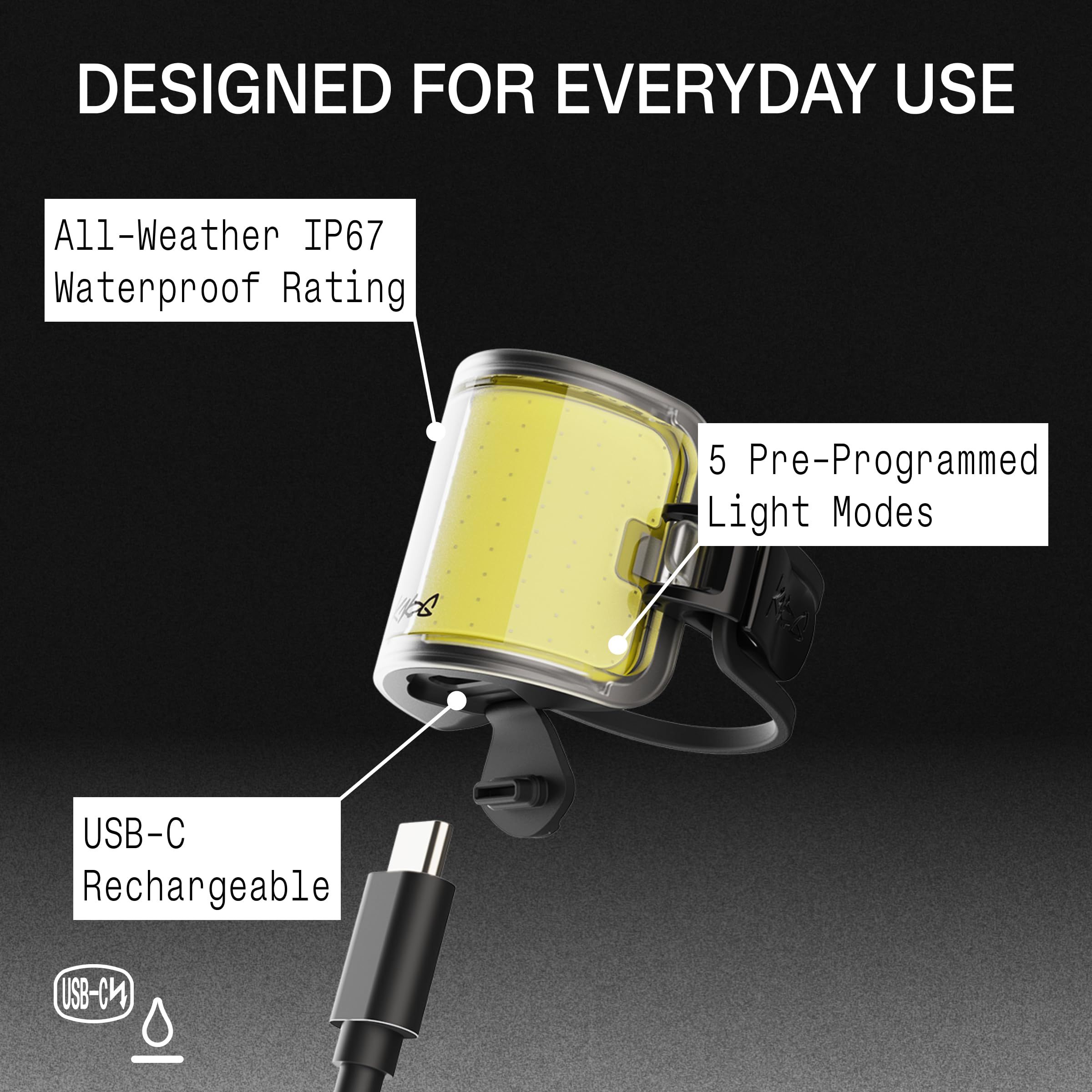 Knog Cobber Mini phare avant de vélo, 110 lumens, rechargeable par USB, faisceau large de 330°, 8 modes d'éclairage, y compris Eye Saver, étanche IP67
