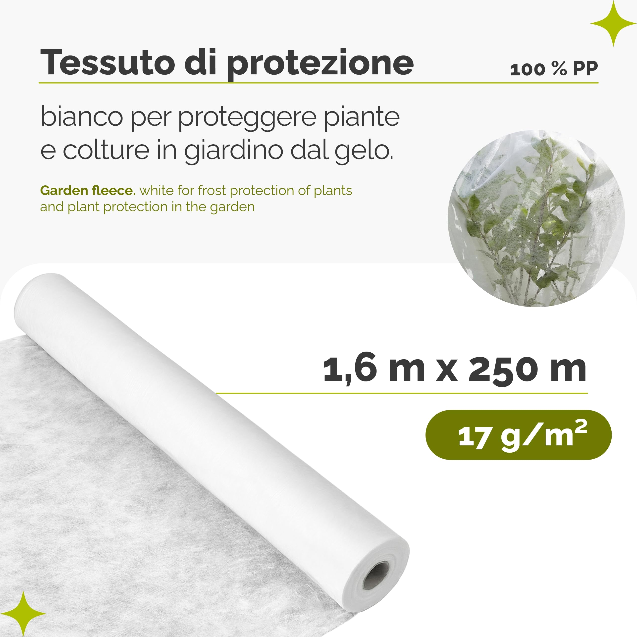Garronda Tessuto Non Tessuto per Piante 17 g/m² 1,6 m x 250 m GD-0175 | Bianco Telo TNT traspirante e permeabile, leggero per coprire colture, semine, aiuole e piante giovani dal freddo