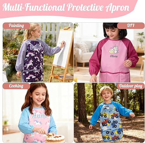 Miniatura 7 de Delantal de pintura para niños con nombre personalizado para niños, impermeable, manga larga para artista, bata de arte personalizada