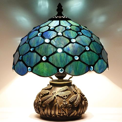 Miniatura 7 de Lámpara de mesa pequeña Tiffany estilo cuentas azules, lámpara de escritorio de vitrales de 10 x 11.5 pulgadas, luz de mesa de hongo para oficina,