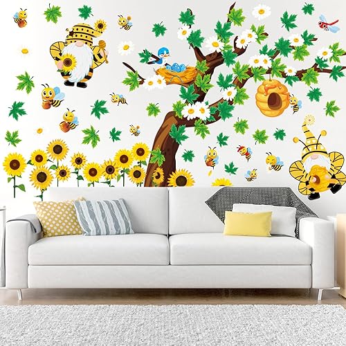 Miniatura 6 de Whaline Calcomanías de pared de girasol de abeja, árbol de gnomo, calcomanías de pared de primavera y verano, calcomanías de mural para cumpleaños,