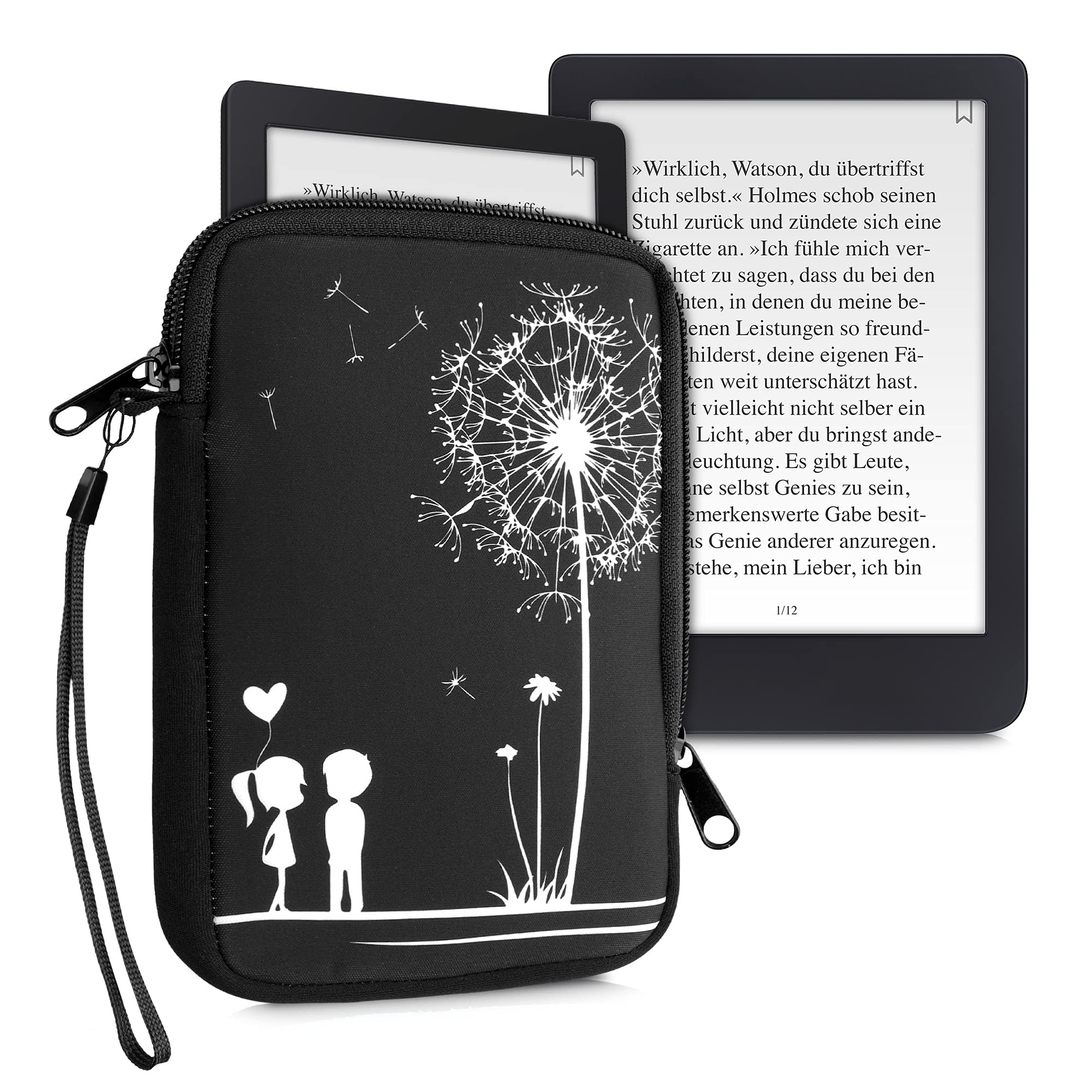 kwmobile Custodia Universale per eReader in Neoprene bianco/nero con Chiusura a Zip 17 x 12 x 2 cm