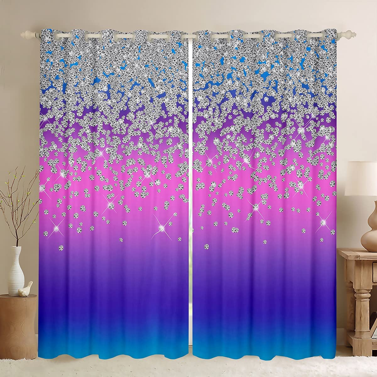 Loussiesd Silver Glitter Blackout Curtains(No Glitter) Blingations Curtain Diamond Pink Blue Purple Darkening Window Drapes for Bedroom Bedroom Window Treatments W52*L63 โ image 1