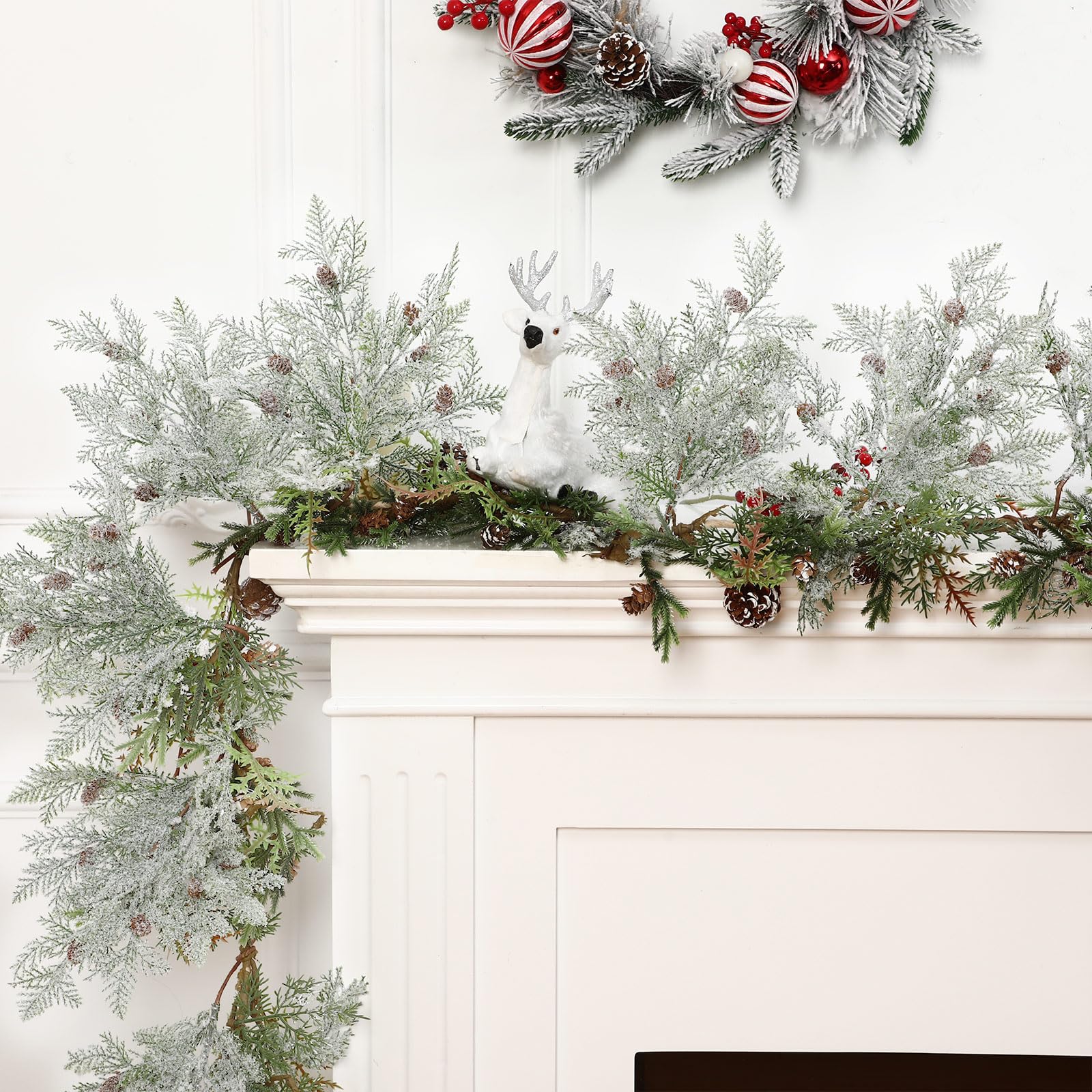 Giegxin Lot de 12 grandes branches de pin de Noël givrées de 45,7 cm avec pommes de pin artificielles pour couronne de Noël, travaux manuels, décoration d'intérieur