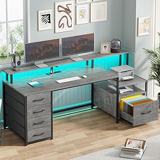 SEDETA Home Office Desk with File Drawer & Power Outlet, 66'' Computer Desk with 5 Drawer, Storage Shelves, Printer Cabinet and Monitor Shelf, Gaming Desk with Led Lights, Grey
