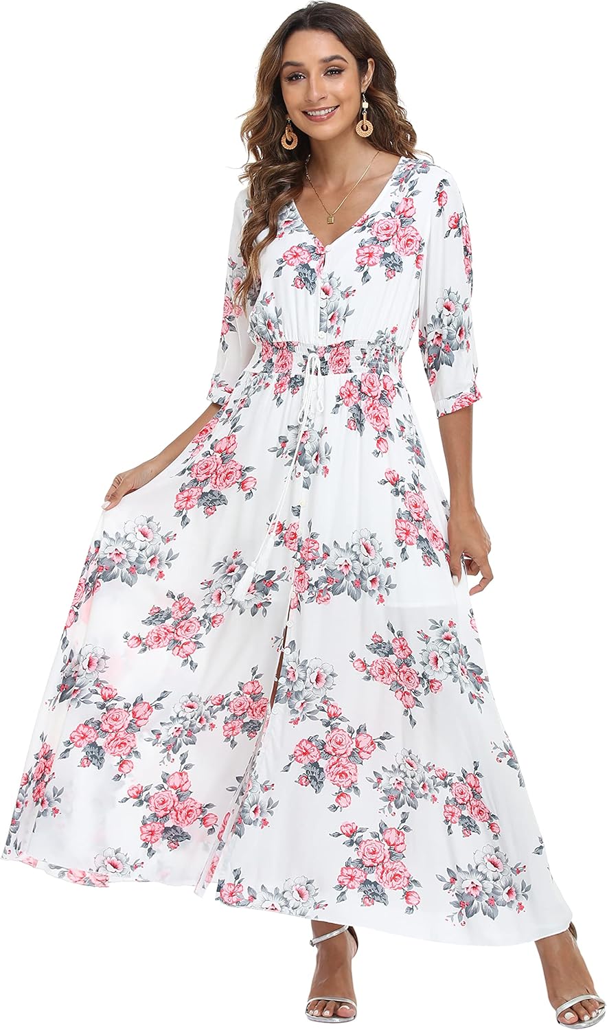 VintageClothing Women's Floral Maxi Dresses with Sleeves Flowy Boho Beach Dress