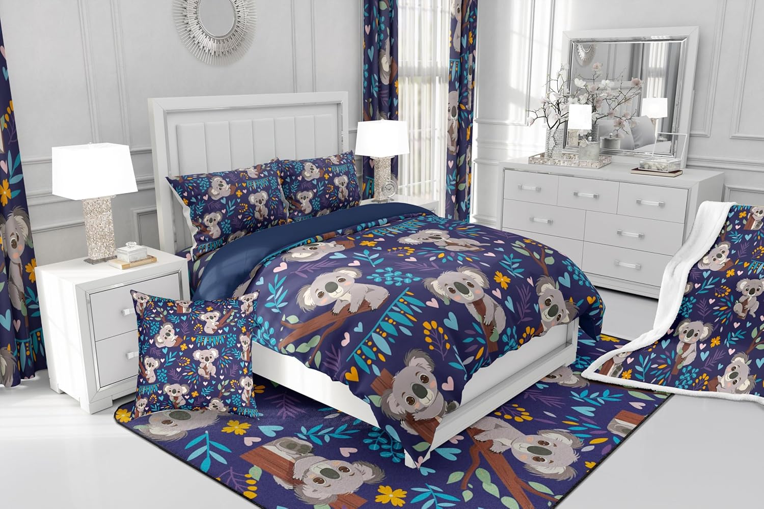 Feelyou Kids Koala Fleece Throw Blanket Twin 60"x80" Cute Koala Sherpa Blanket for Boys Girls Teens Room Decor Cartoon Koala Plush Blanket Women Men Blue Tropical Leaves Fuzzy Blanket