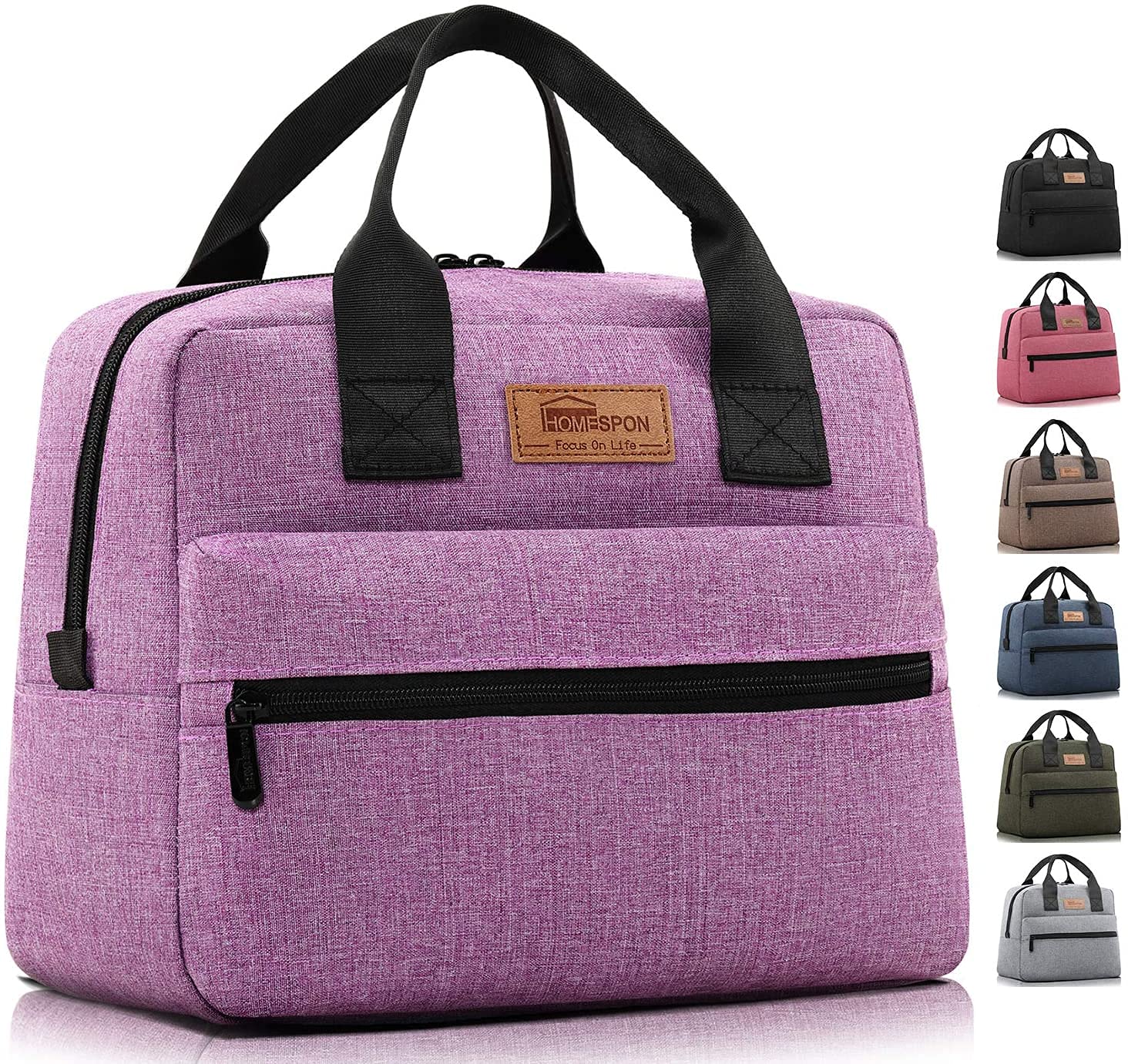 HOMESPON Insulated Lunch Bag Box Cooler Totes Handbag with Front and Back Pockets For Man and Woman Work Shopping (Purple)