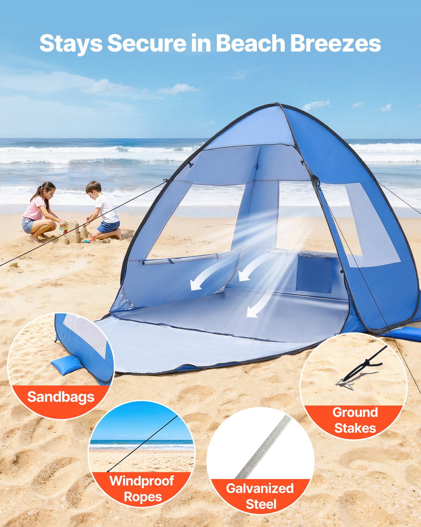 VEVOR Tenda da Spiaggia Parasole per Mare per 2 Persone, Portatile con Borsa per il Trasporto e Pali in Metallo, Ombrellone da Spiaggia Compatto per Campeggio, Pesca, Picnic, Tenda da Sole