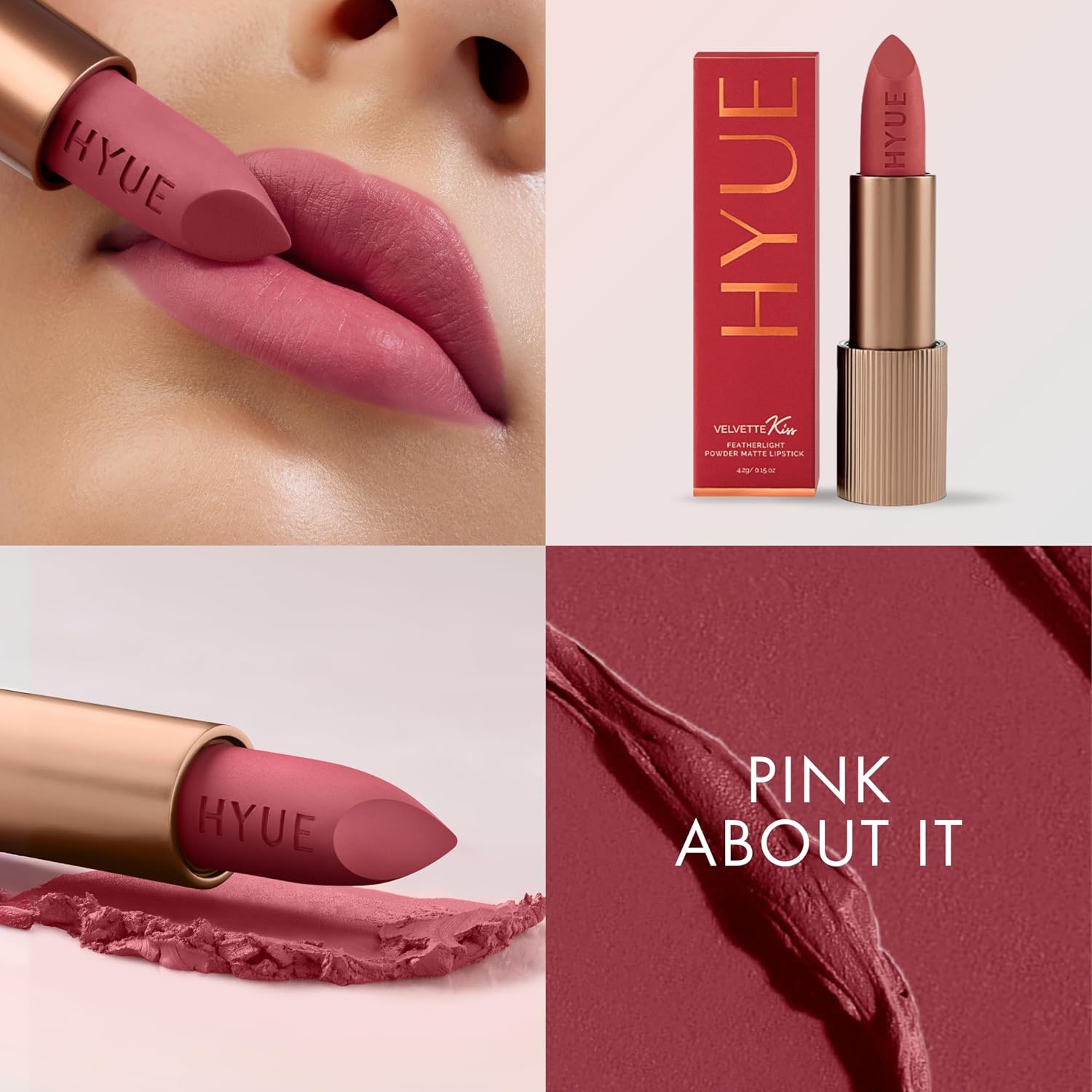 812V1PIASTL._SL1500_ HYUE Velvette Kiss Matte Bullet Lipstick | Pink About It | Feather Light & Powder Finish | Long-Wear Intense Color | with Jojoba, Almond & Gooseberry | Smudge-Proof, Travel-Friendly, Precision Tip
