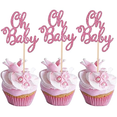 24 piezas Oh Baby Cupcake Toppers con purpurina para revelación de género Oh Baby para baby shower, niños y niñas, fiesta de cumpleaños, suministros