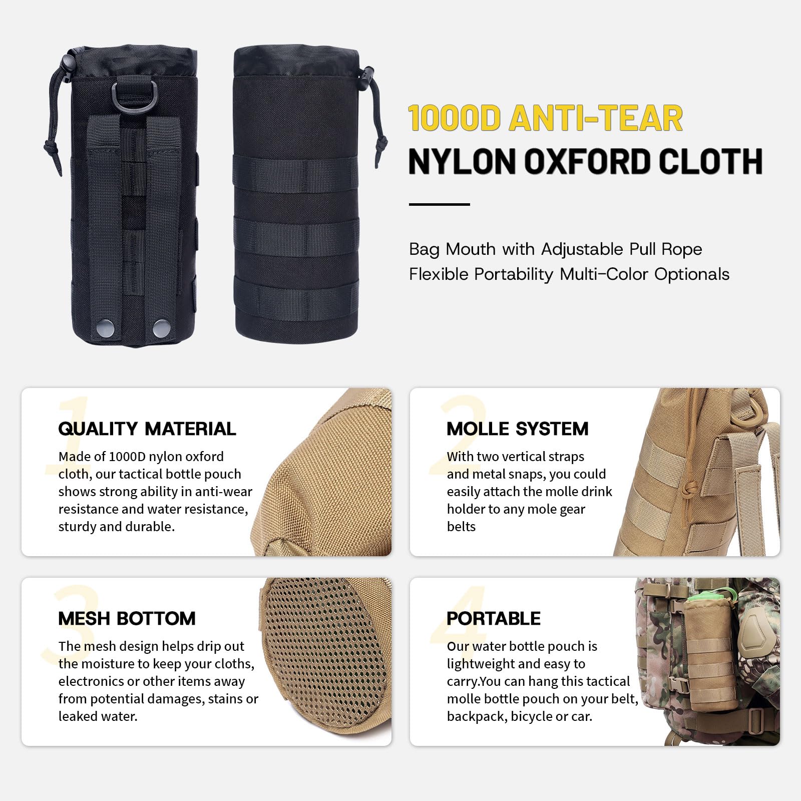 Borsa Portabottiglia Tattica Outdoor - Nylon Ad Alta Densità, Con Cerniere E Anelli A D - Per Escursionismo, Campeggio, Militare - Adatta A Bottiglie 0,5-1L