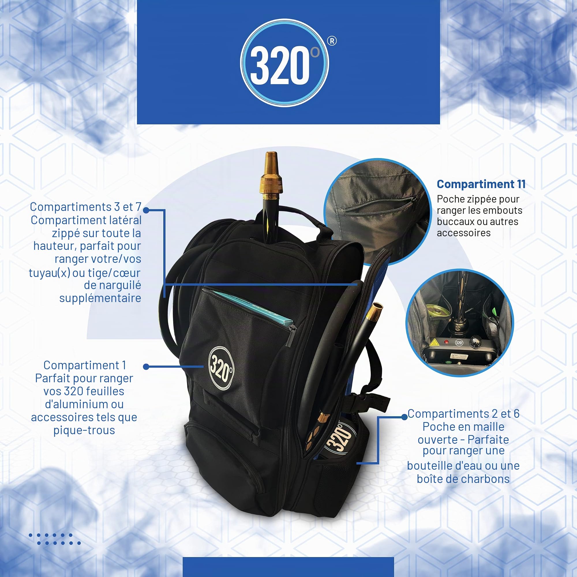 Grand sac de transport pour chicha narguilé Sac de transport Sac à dos de transport 14 compartiments Noir et bleu Sac de voyage, noir/bleu, Sac de voyage