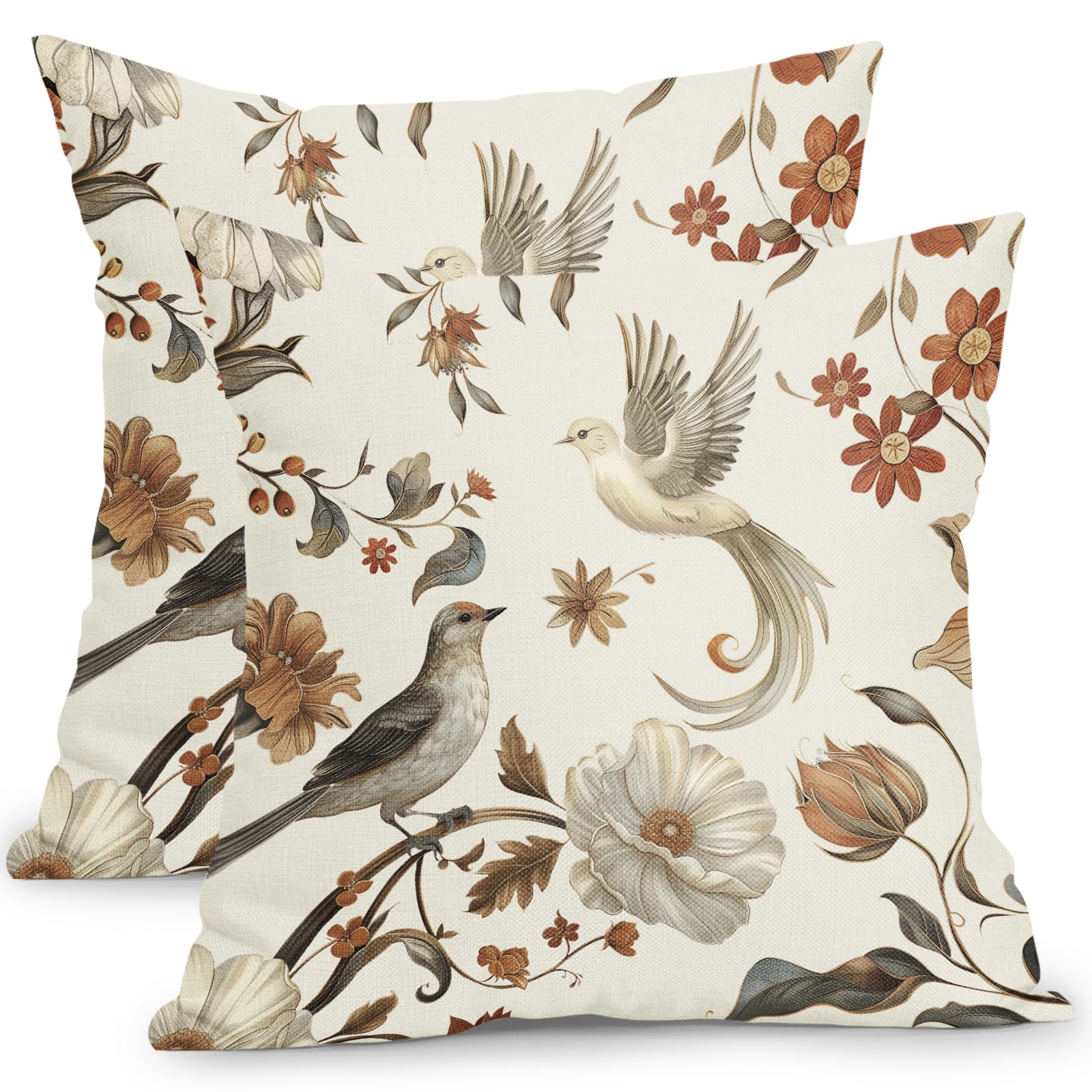Kawani Vintage Floral Pillow Covers 18x18 Inch Set of 2 Cream Chinoiserie Flower and Bird Outdoor Decorative Throw