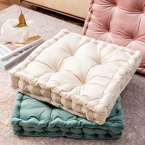 Miniatura 2 de Cojines cuadrados para asiento de suelo, cojín de asiento de silla de tatami de color sólido con asa, cojín de terciopelo portátil grueso para yoga,