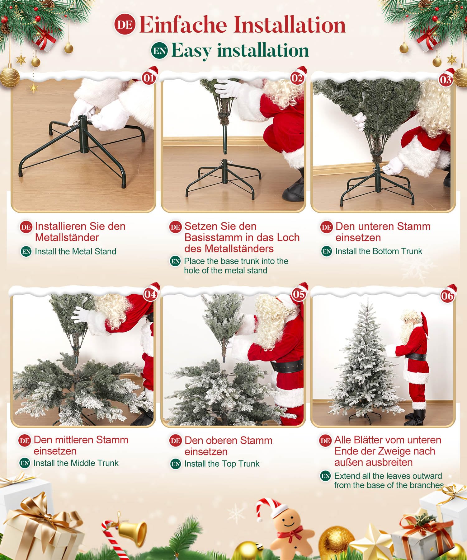 Yorbay Sapin de Noël Artificiel avec Flocons de Neige 180 cm, Sapin de Noël Artificiel en PE et PVC avec Support en Fer, pour décoration de Noël, Convient comme décoration pour la Maison
