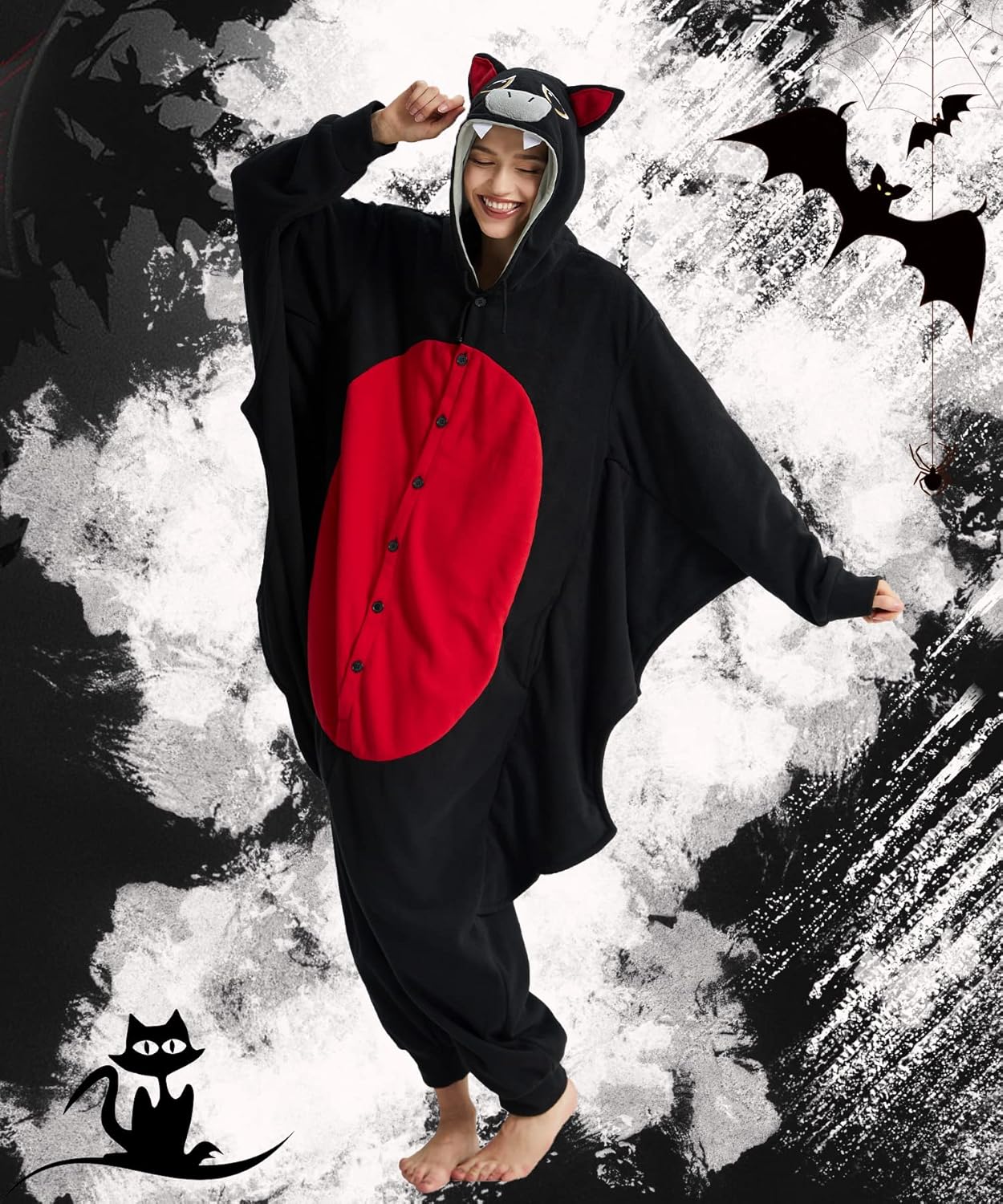 Kgromfy Black Bat Onesie Adult Halloween Animal Cosplay Outfits One Piece Costumes Party Jumpsuit Homewear M - Image 6