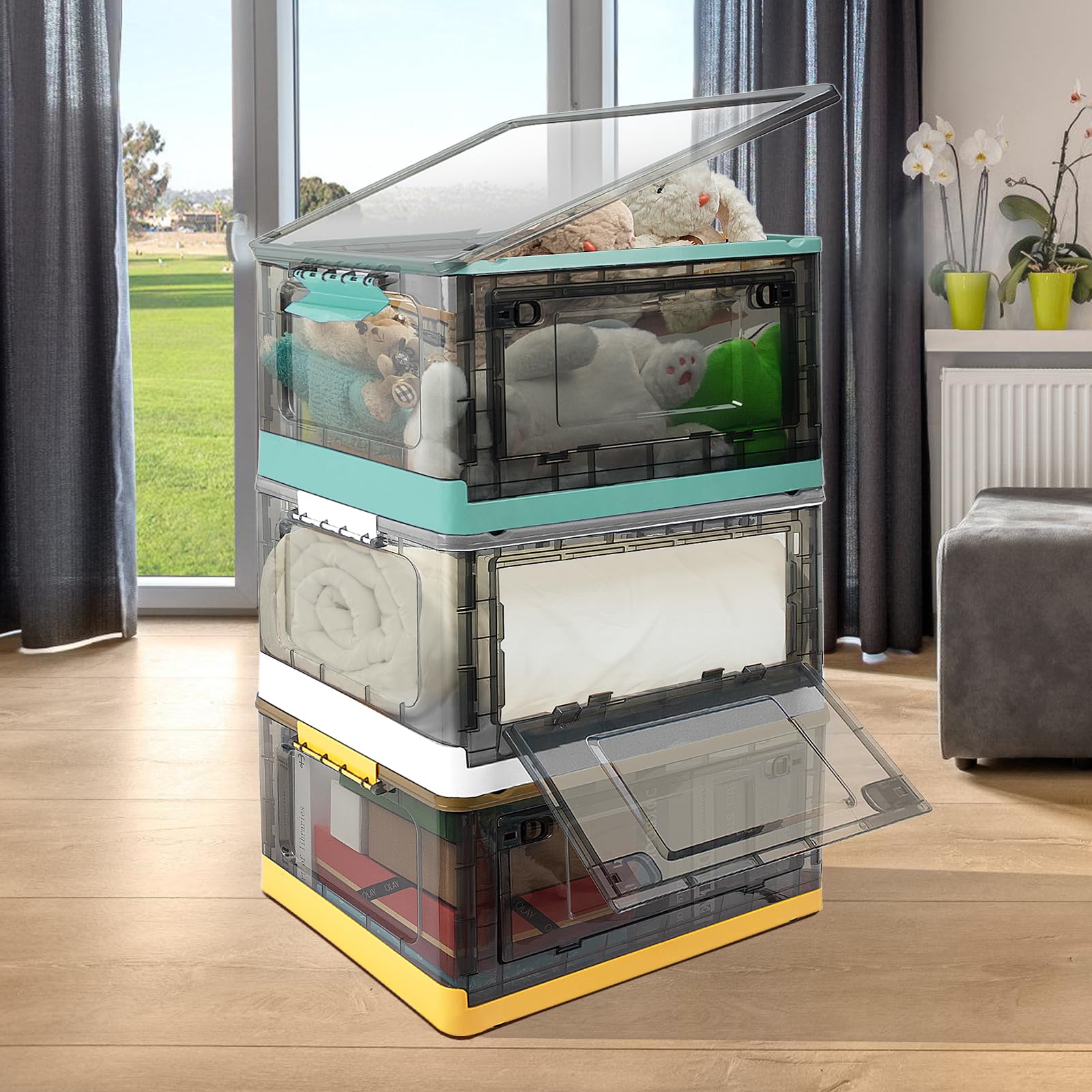 Storage Bins With Lids, 12.6 Gal/50Qt Storage Containers Cubes With Wheels Sturdy Three-Sided Doors Design for Bedroom/Livingroom/Kitchen/Office Plastic Storage Bins 3 Pack-Multicolored