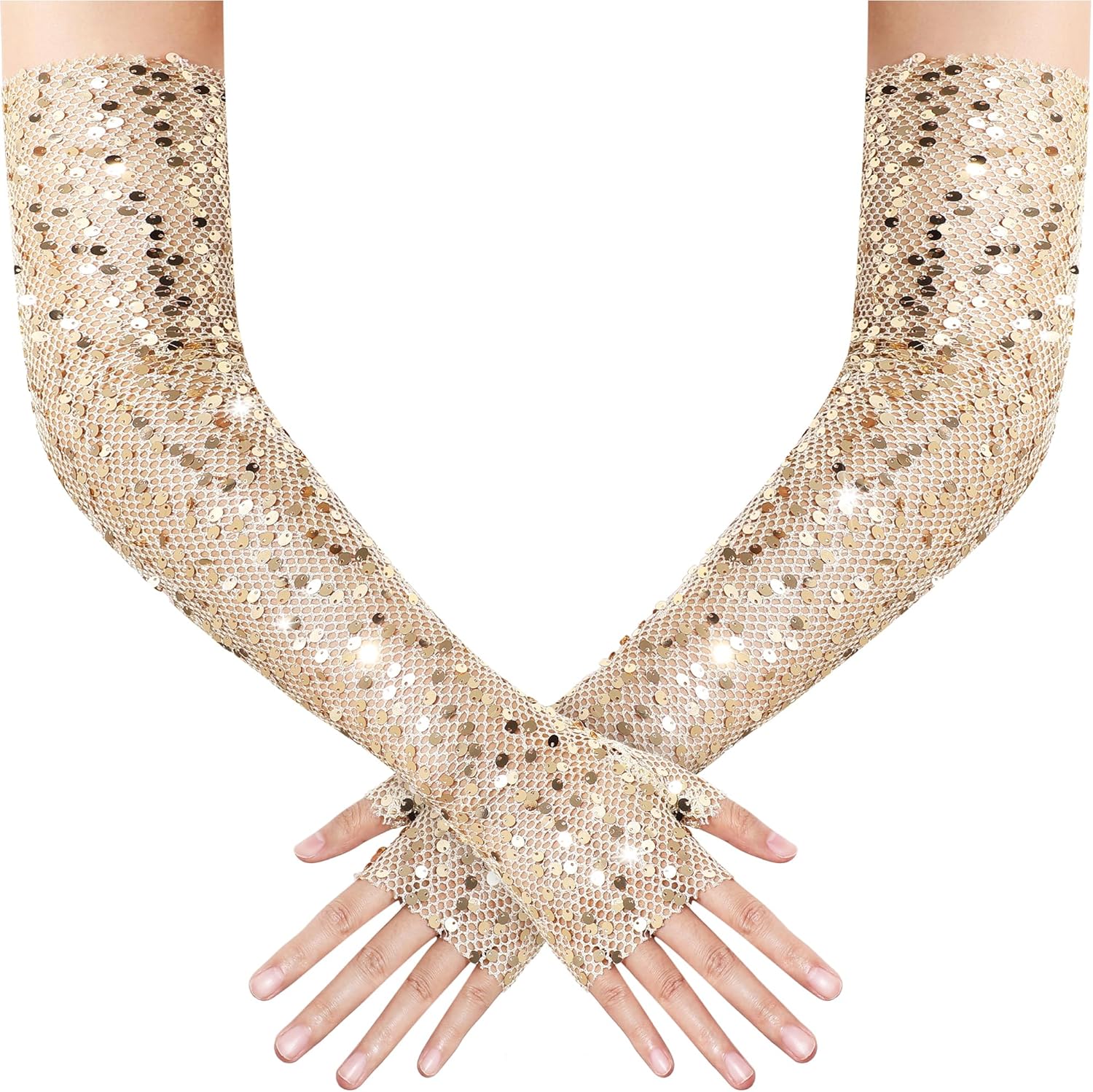 BABEYOND Opera Gloves for Women - Long Fingerless Sequin Sparkling Glitter Gloves Tea Party Stretchy Adult Size Elbow Length - Image 2