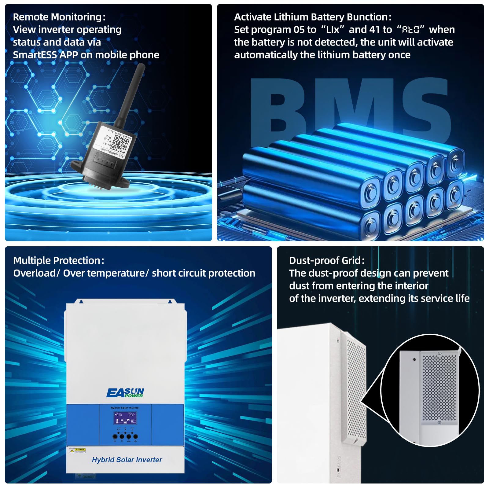 POWLAND Inversor Híbrido de 6200 W, 48 V, Onda Sinusoidal Pura Independiente de la Red, CC a CA 230 V, Máximo PV 60-500 VDC, para Baterías de Plomo y Litio, Con Módulo WiFi