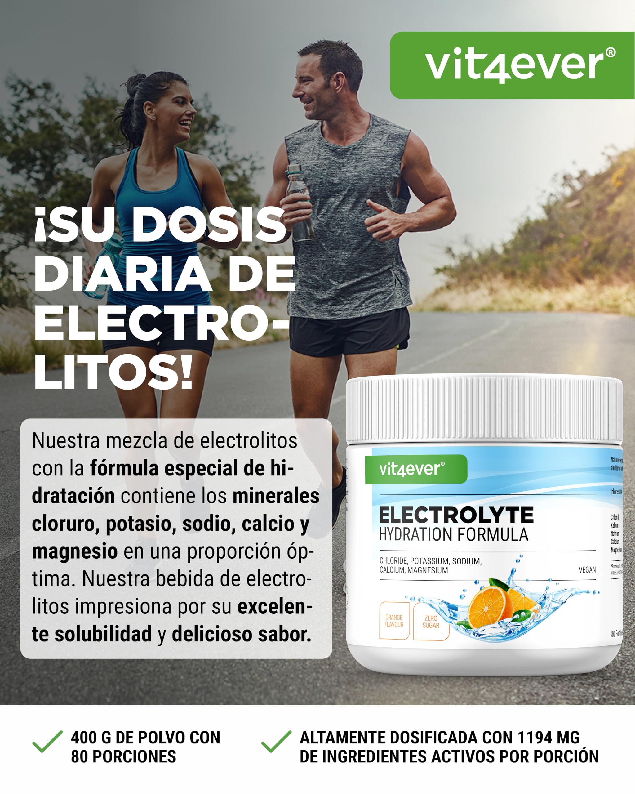 vit4ever Electrolitos - 400 g (80 Porciones) - Fórmula de Hidratación con Cloruro, Potasio, Sodio, Calcio, Magnesio - Sin Azúcar - Vegano - Sabor Naranja
