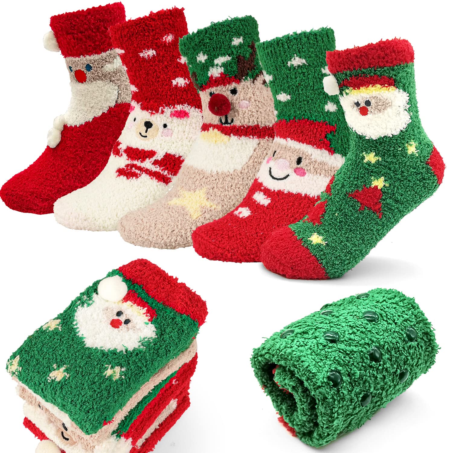 Humairc Christmas Socks 3 or 5 pairs Fluffy Soft Non Slip with Rubber Socks Funny Warm House Socks Winter Lovely Socks, New Year Gift for Women Kids - Perfect for Christmas Home Party Festive Wear