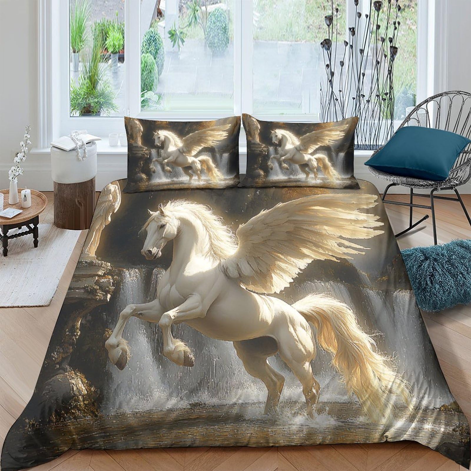 Ctjqhvkz Style-8 3D Printed Golden Pegasus Fitted Sheet Microfiber Soft Breathable Mythical Winged Horse Mattress Cover For Bedroom Dorm Single（135X200cm）