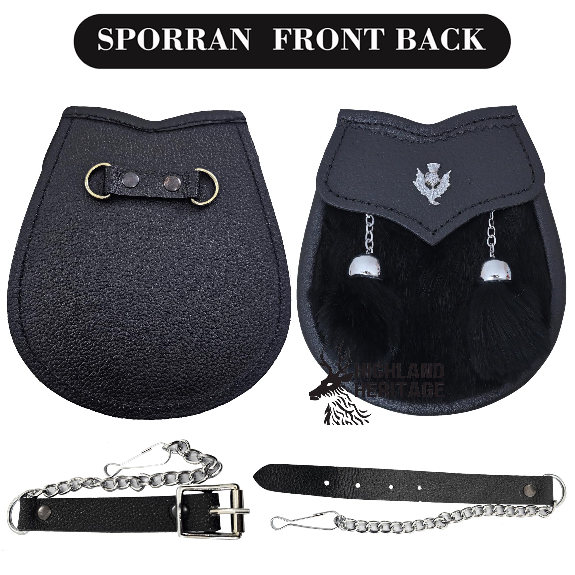 Kilt Sporran per bambini con pelliccia bianca e distintivo cardo in pelle nera, accessorio ideale per abiti scozzesi delle Highland da bambino, Sporran per bambini