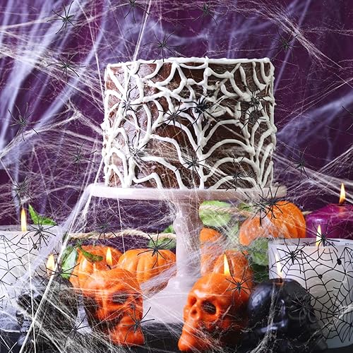 Miniatura 2 de Decoraciones de telaraña de Halloween de 1000 pies cuadrados con 100 arañas falsas, telarañas súper elásticas, decoración de telarañas embrujadas,