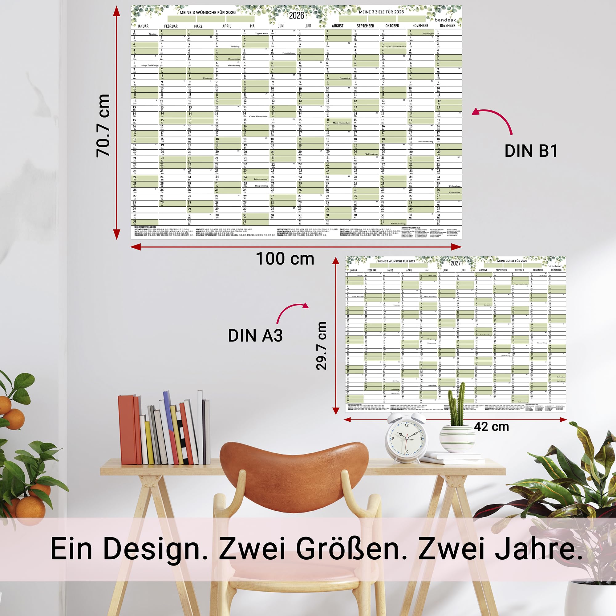 Kalendarz ścienny na rok 2026/2027, B1, duży, kalendarz roczny złożony w poprzek | Planer roczny XXL na 2 lata (70,7 x 100 cm) + gratis DIN A3 | plakat ścienny z dniami świątecznymi
