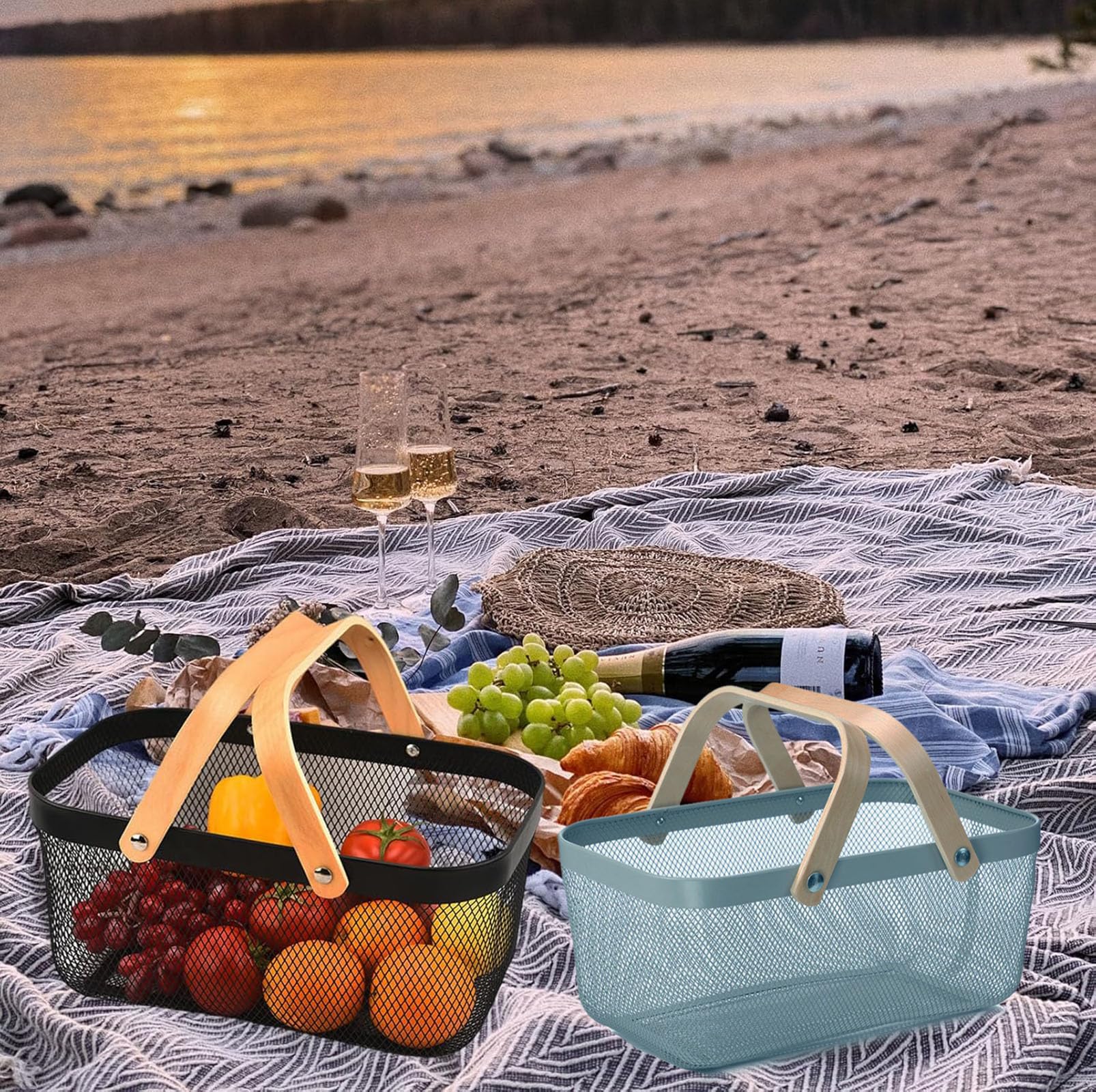 Cheardia Picknickkörbe, Metallgeflecht, Erntekorb mit faltbarem Holzgriff, rechteckiger Garten-Aufbewahrungskorb für Gemüse, Obst, Garten, Küchenschrank, Pflücken, Versammlung, Blau, 2 Stück