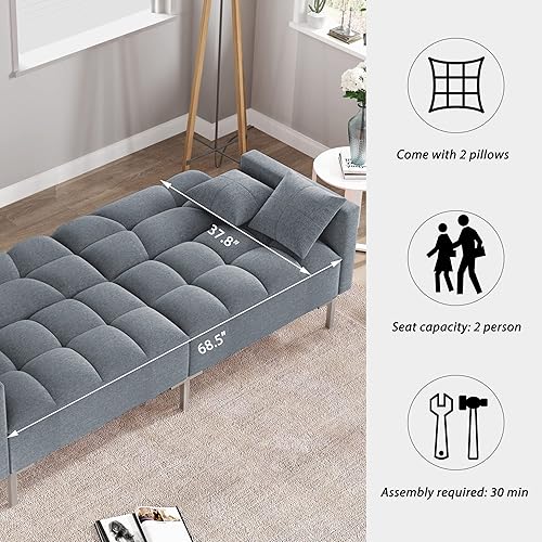 Miniatura 86 de Moderno sofá biplaza de terciopelo de 59 pulgadas con 2 bolsillos, sofá cama convertible tapizado con respaldo múltiple ajustable, sofá futón con