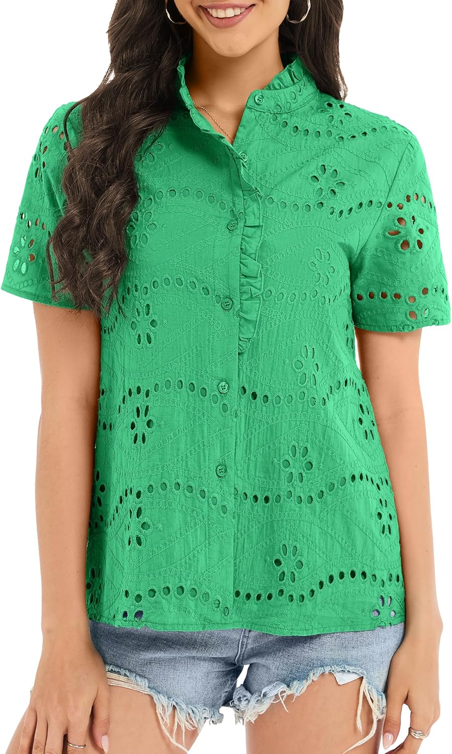 Funlingo Womens Summer Tops Dressy Casual Short Sleeve Lace Hollow Eyelet Ruffle Blouses Embroidered Button Down Shirt - Image 2