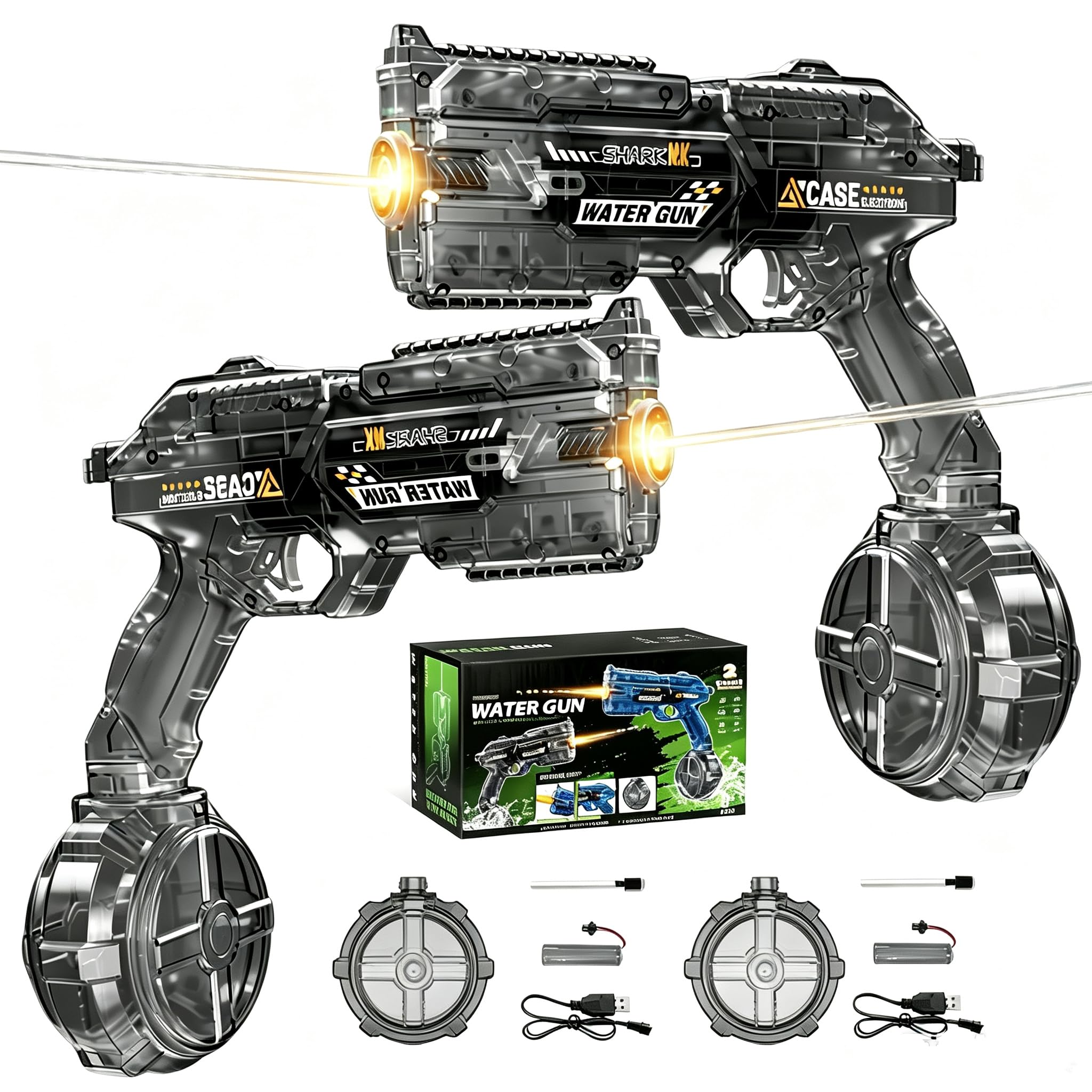 Audasi 2Pcs Electric Water Guns, Automatic Water Gun Pistols Long Range Motorized Water Gun with Multifunctional Lighting Effects Rechargeable Water Blaster for Summer Pool Beach Party
