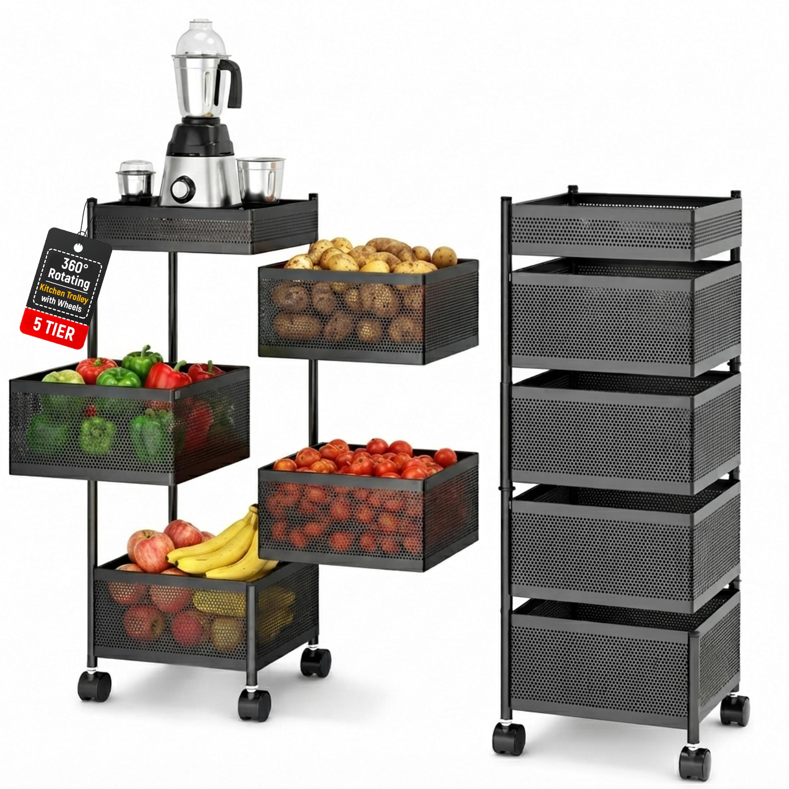 JD FRESH Metal Rotating Kitchen Trolley Storage Rack with 360-Degree Rotatable Wheels/Fruits, Vegetable & Spices 5 Layer Trolly for Kitchen Organizer/Space Saving and Multipurpose Basket for Kitchen-image-15